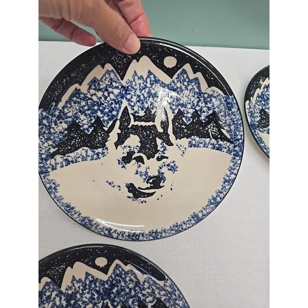 Set of 5 VTG WOLF by TIENSHAN FOLK CRAFT 7 5/8' Salad Dessert Plates Blue**READ*